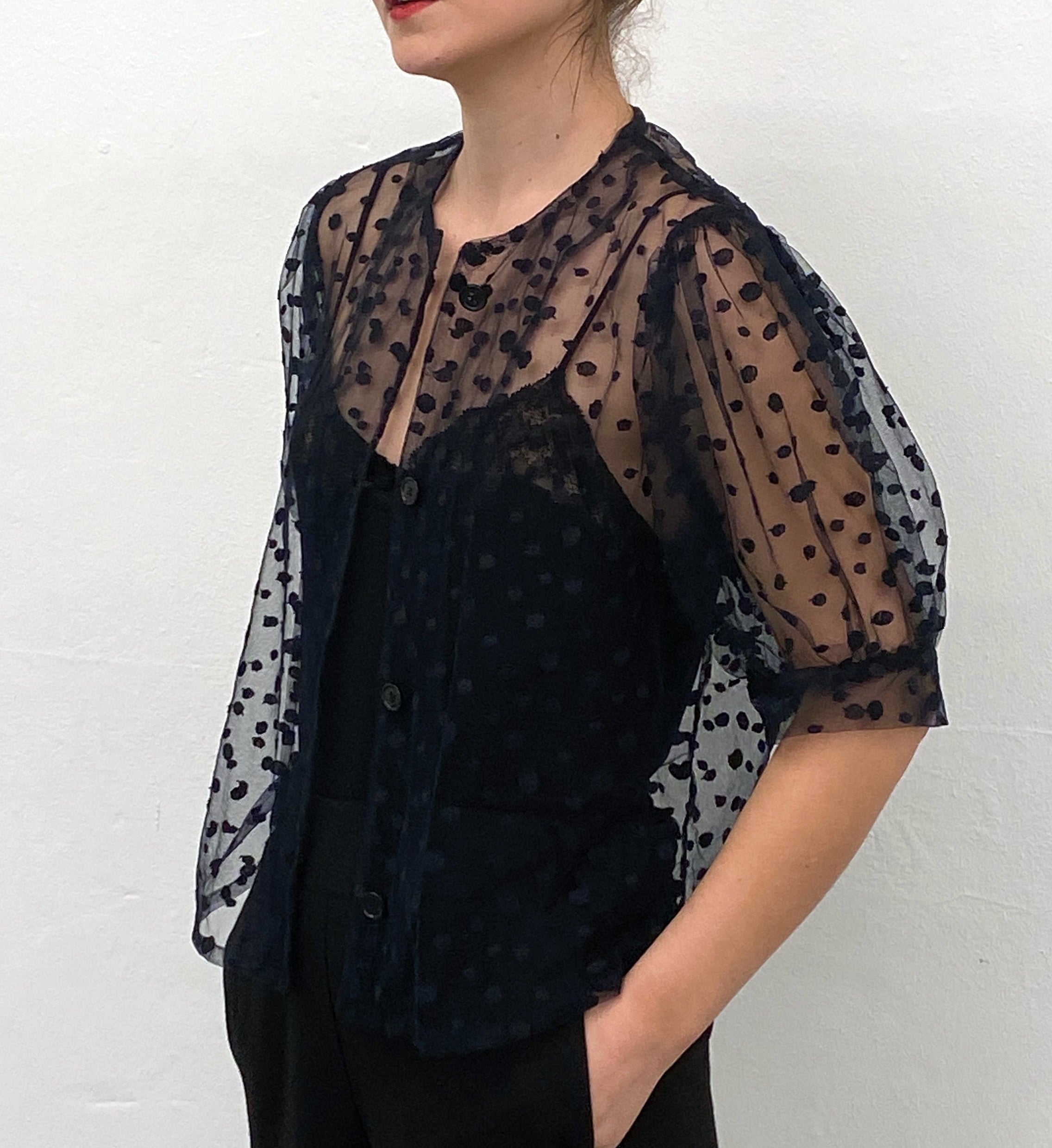 Sheer black store polka dot top